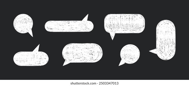 Set of chalk speech bubbles in white color on dark background. Round dialogue cloud templates with crayon texture. Vector 