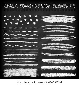 Set of chalk strokes, curved lines, banners and separators.  Handmade design elements on chalkboard background. Grunge vector illustration.