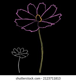 Set of chalk style cosmos flower branch vector simple illustration isolated on black background. Outline hand drawn colored version. Floral vector for childrens illustration, summer design.