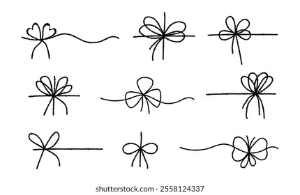 Set of chalk textured ribbon bows. Bowknot for package or letter.  Elegant minimal style. Vector illustration