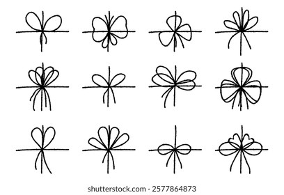 Set of chalk textured ribbon bows. Bowknot for package or letter.  Elegant minimal style. Vector illustration