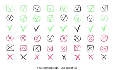 Kreidezecken und Kreuze, Kreis und Quadrat. Symbol ankreuzen bedeutet zustimmen, abstimmen, bestätigen. Tick und X Symbole handgezeichnet in rot und grün und schwarz Bleistift. Vektorgrafik.
