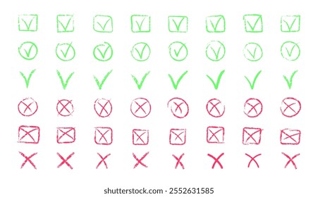 Set of chalk ticks and crosses , circle and square. Tick symbol means agree, vote, confirm. Tick and X symbols hand drawn in red and green pencil. Vector illustration.