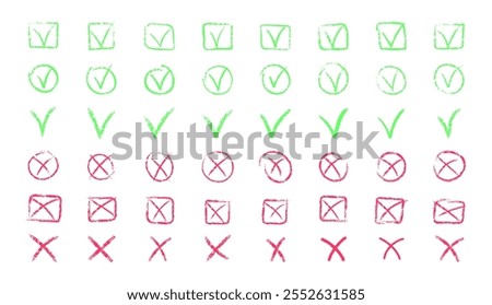 Set of chalk ticks and crosses , circle and square. Tick symbol means agree, vote, confirm. Tick and X symbols hand drawn in red and green pencil. Vector illustration.