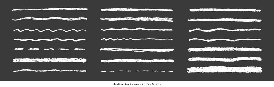 Kreide-Unterstreichungslinien und Texturlinien. Pinselstrich mit Buntstift auf schwarzem Hintergrund. Handgeschriebene Vektorgrafik.