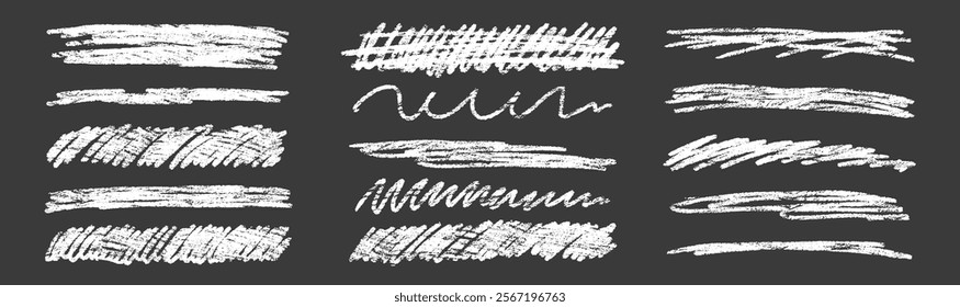 Conjunto de sublinhados de giz e ênfase de textura. Crayon rabisca em um fundo preto. Ilustração de vetor de manuscrito.