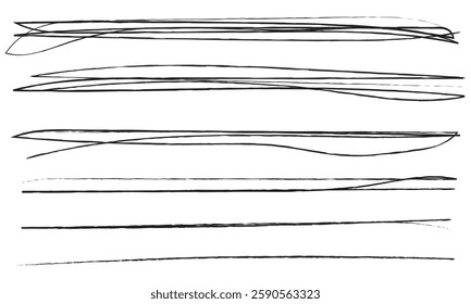 Set of chalk underline lines and texture emphasis. Line brush marker, pen, pencil stroke vector. Blue line brush marker scribble sketch underline. Hand drawn doodle pencil scratch mark. eps10