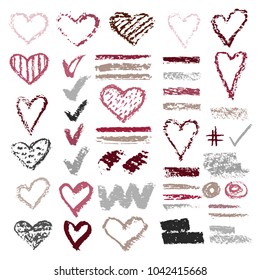 Set of chalk vector textures. Collection of hand drawn textures elements. Pastel pencil. Hearts, hash tag, stripes, brushes, zigzags, scribble, check marks. Crayon pencil strokes design elements.