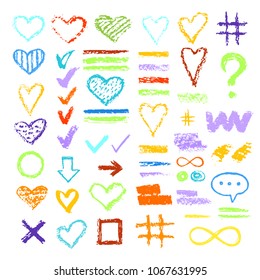 Set of chalk vector textures. Collection hand drawn textures elements. Pastel pencil. Hearts, hash tag, stripes, brushes, zigzags, scribble, arrow, check marks. Crayon pencil strokes design elements