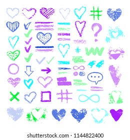 Set of chalk vector textures. Collection hand drawn textures elements. Pastel pencil. Hearts, hash tag, stripes, brushes, zigzags, scribble, arrow, check marks. Crayon pencil strokes design elements