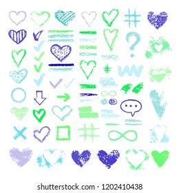 Set of chalk vector textures. Collection hand drawn textures elements. Pastel pencil. Hearts, hash tag, stripes, brushes, zigzags, scribble, arrow, check marks. Crayon pencil strokes design elements