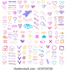 Set Chalk Vector Textures. Collection Hand Drawn Elements. Dirty Grunge Pastel Pencil. Hearts, Stars, Hash Tag, Stripes, Brushes, Scribble, Check Marks. Smear Crayon Pencil Strokes Symbols Background.