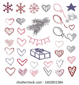 Set chalk vector textures. Collection hand drawn elements. Dirty Grunge Pastel pencil. Hearts, stars, hash tag, stripes, brushes, scribble, check marks. Smear Crayon pencil strokes symbols background.