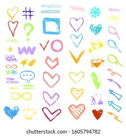 Set chalk vector textures. Collection hand drawn elements. Dirty Grunge Pastel pencil. Hearts, stars, hash tag, stripes, brushes, scribble, check marks. Smear Crayon pencil strokes symbols background.