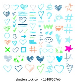 Set chalk vector textures. Collection hand drawn chalk textures elements. Pastel pencil. Hearts, stars, hash tag, stripes, brushes, zigzags, scribble, check marks. Crayon pencil strokes elements.