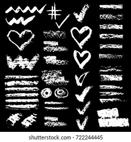 Set of chalk vector textures. Collection of hand drawn textures elements.  Pastel pencil.  Hearts, hash tag, stripes, brushes, zigzags, scribble, check marks. Crayon pencil strokes design elements. 