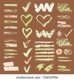 Set of chalk vector textures. Collection of hand drawn textures elements.  Pastel pencil.  Hearts, hash tag, stripes, brushes, zigzags, scribble, check marks. Crayon pencil strokes design elements. 