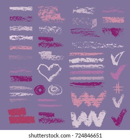 Set of chalk vector textures. Collection of hand drawn textures elements. Pastel pencil. Hearts, hash tag, stripes, brushes, zigzags, scribble, check marks. Crayon pencil strokes design elements.