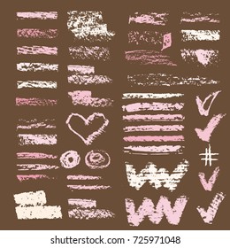Set of chalk vector textures. Collection of hand drawn textures elements.  Pastel pencil.  Hearts, hash tag, stripes, brushes, zigzags, scribble, check marks. Crayon pencil strokes design elements. 