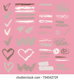 Set of chalk vector textures. Collection of hand drawn textures elements.  Pastel pencil.  Hearts, hash tag, stripes, brushes, zigzags, scribble, check marks. Crayon pencil strokes design elements. 