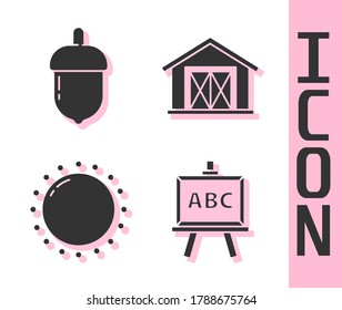 Set Chalkboard, Acorn, Sun and Farm house icon. Vector