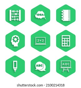 Set Chalkboard, Alphabet, Calculator, Marker pen, Head with gear inside, Spiral notebook and Abacus icon. Vector