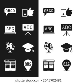 Definir o ícone de Quadro-negro, Alfabeto, Mão, globo terrestre, Capa de graduação e Tradutor Online. Vetor