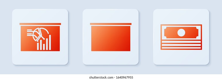 Set Chalkboard, Board with graph chart and Stacks paper money cash. White square button. Vector