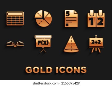 Set Chalkboard, Calendar, Geometric figure Cone, Open book, Test or exam sheet, Calculator and Graph, schedule, chart, diagram icon. Vector