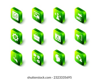 Coloca el tablero con gráfico, Desarrollo frontal, Máquina Treadmill, Megáfono, Dos sentadas, Educación en línea, Tercer ojo de Hombre e icono de estrategia de Planificación. Vector