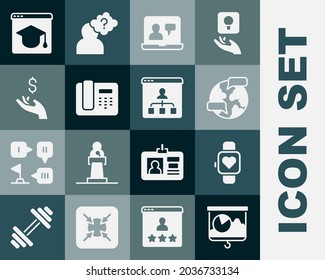 Set Chalkboard with chart, Smart watch, Worldwide, Online education, Telephone 24 hours support, Hand holding coin money,  and  icon. Vector