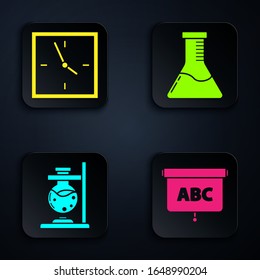 Set Chalkboard, Clock, Glass test tube flask on fire and Test tube and flask chemical laboratory. Black square button. Vector
