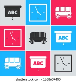 Set Chalkboard, Clock and School Bus icon. Vector