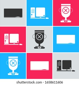 Set Chalkboard, Computer monitor with keyboard and mouse and Award cup icon. Vector