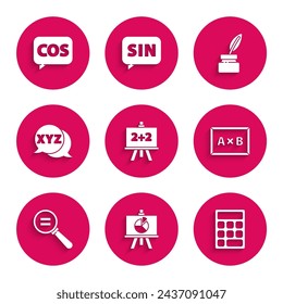 Set Chalkboard, with diagram, Calculator, Calculation, XYZ Coordinate system, Feather and inkwell and Mathematics function cosine icon. Vector