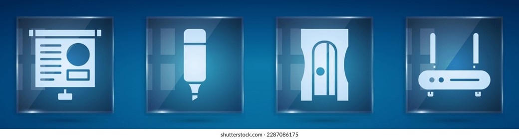 Set Chalkboard with diagram, Marker pen, Pencil sharpener and Router and wi-fi signal. Square glass panels. Vector