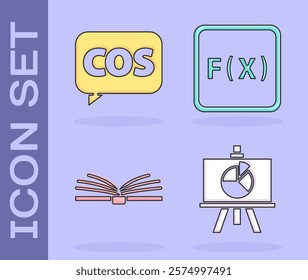 Set Chalkboard with diagram, Mathematics function cosine, Open book and Function mathematical symbol icon. Vector