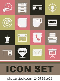 Set Pizarra con diagrama, impresora, trabajo de texto portátil, libros de estantería, pegatinas de notas de correos, deporte objetivo, reloj y taza de té icono de bolso de té. Vector