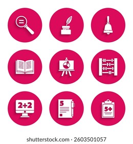 Set Chalkboard with diagram, Test or exam sheet and pen, Abacus, Equation solution, Open book, Ringing bell and Calculation icon. Vector