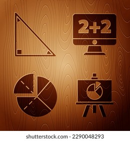 Chalkboard mit Diagram-, Dreieck-Mathematik, Grafik, Zeitplan, Diagramm, Diagramm und Gleichungslösung auf Holzhintergrund. Vektorgrafik