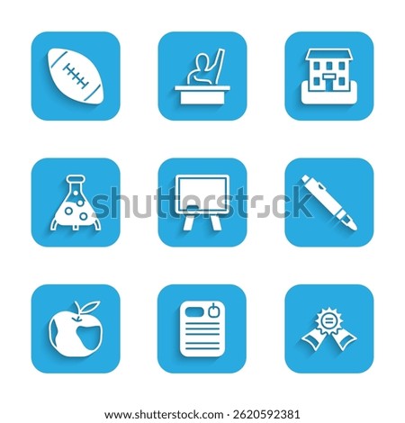 Set Chalkboard, Dossier folder, Medal, Marker pen, Apple, Test tube and flask, School building and American football ball icon. Vector