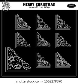 Set of chalkboard elements for design and decoration. Christmas and winter collection of corners and frames, black and white colors 