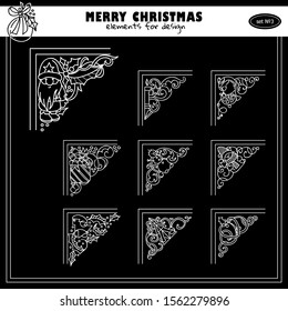 Set of chalkboard elements for design and decoration. Christmas and winter collection of corners and frames, black and white colors 