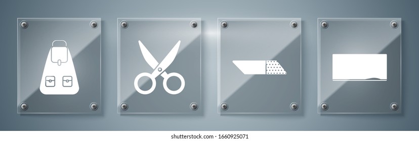 Set Chalkboard, Eraser or rubber, Scissors and School backpack. Square glass panels. Vector