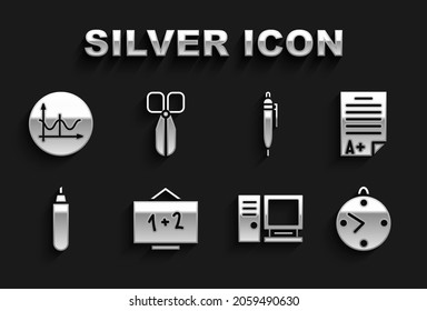 Ajuste el tablero de papel, hoja de examen con un grado más, reloj, monitor de computadora, lápiz de marcadores, lápiz, grafo, programa, gráfico, diagrama e icono Tijeras. Vector