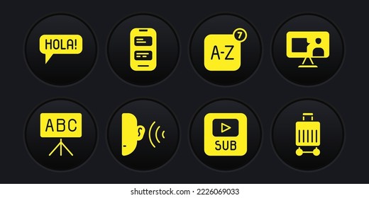 Set Chalkboard, Foreign language online study, Ear listen sound signal, Video with subtitles, Online translator, Suitcase and Hola different languages icon. Vector