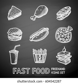 Set of chalkboard freehand FAST FOOD icons - sandwich and chicken, hamburger, hotdog, pizza, french fries, canape, soda. Vector illustration