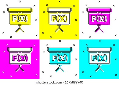 Set Chalkboard with function mathematical icon isolated on color background. School Blackboard sign.  Vector Illustration
