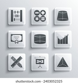 Set Chalkboard, Geometric figure Tetrahedron, Graph, schedule, chart, diagram, Cylinder, Crossed ruler and pencil, Certificate template, Abacus and  icon. Vector