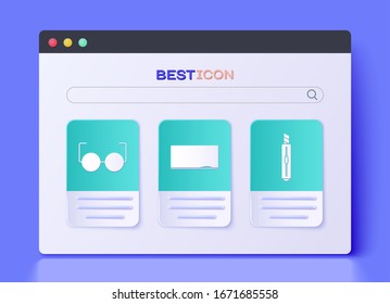 Set Chalkboard, Glasses and Stationery knife icon. Vector